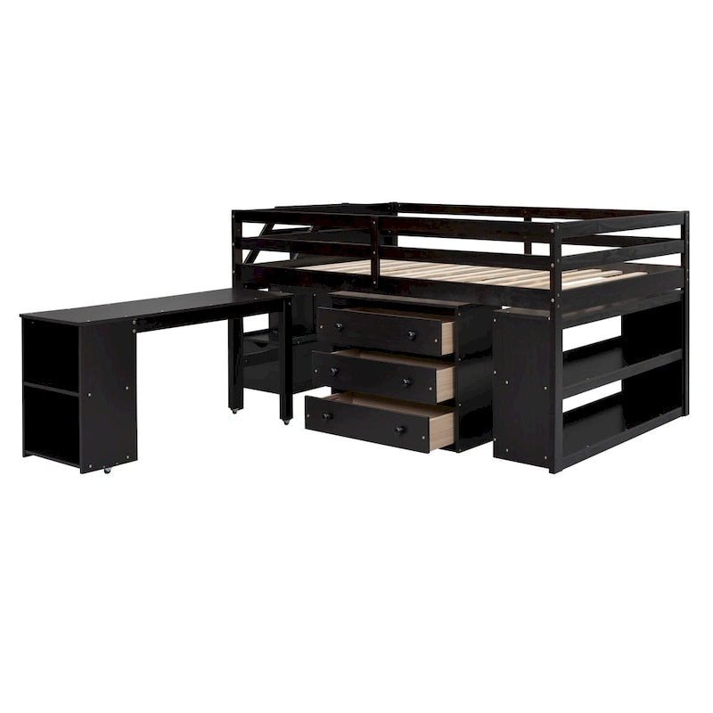 Lit mezzanine double avec bureau rétractable, escalier de rangement et 3 tiroirs