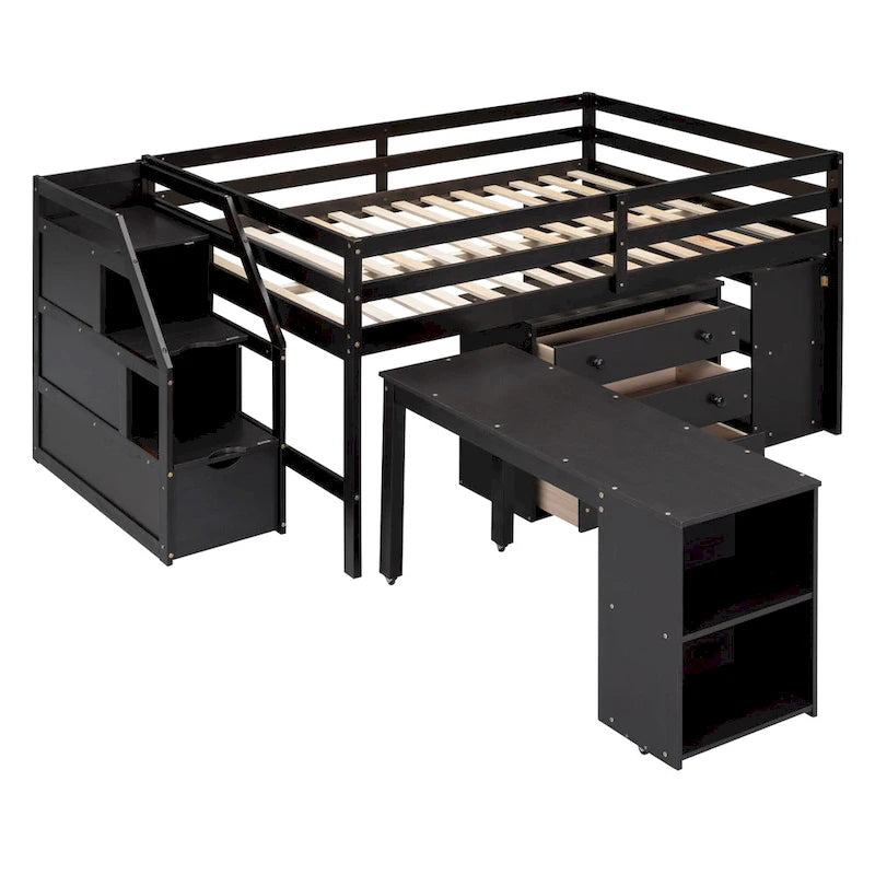 Lit mezzanine double avec bureau rétractable, escalier de rangement et 3 tiroirs