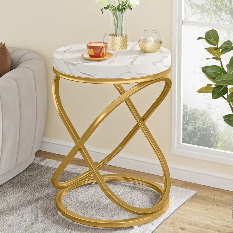 Table d'appoint ronde en faux marbre avec cadre en métal doré