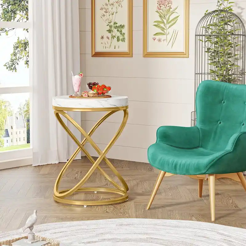 Table d'appoint ronde en faux marbre avec cadre en métal doré