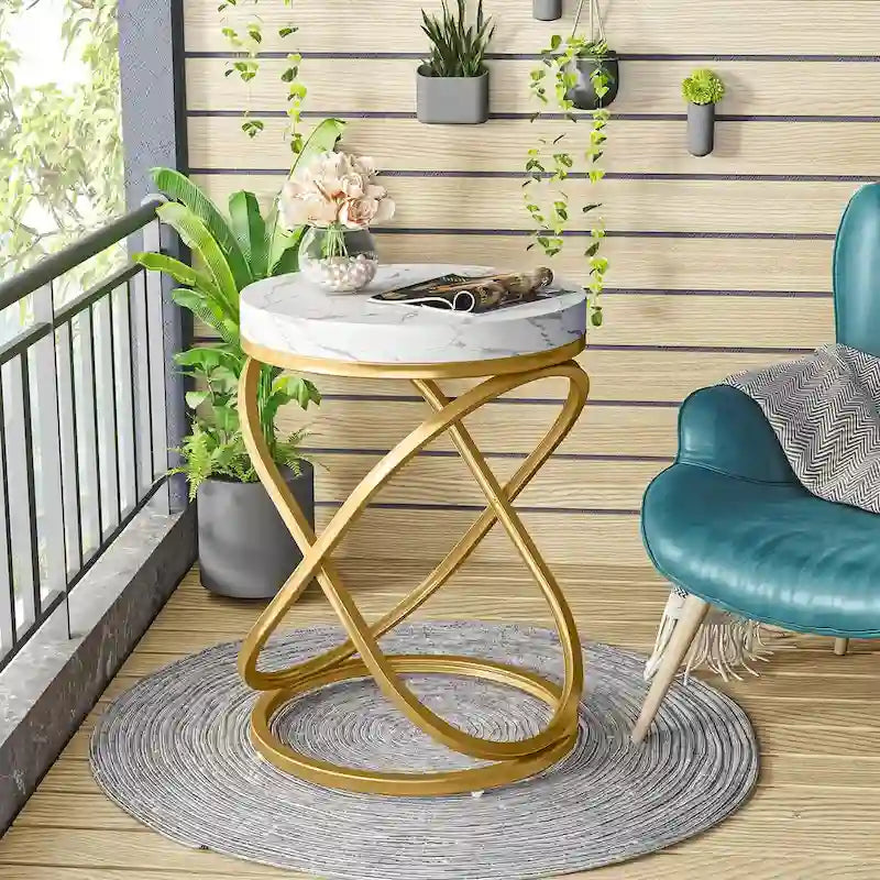 Table d'appoint ronde en faux marbre avec cadre en métal doré