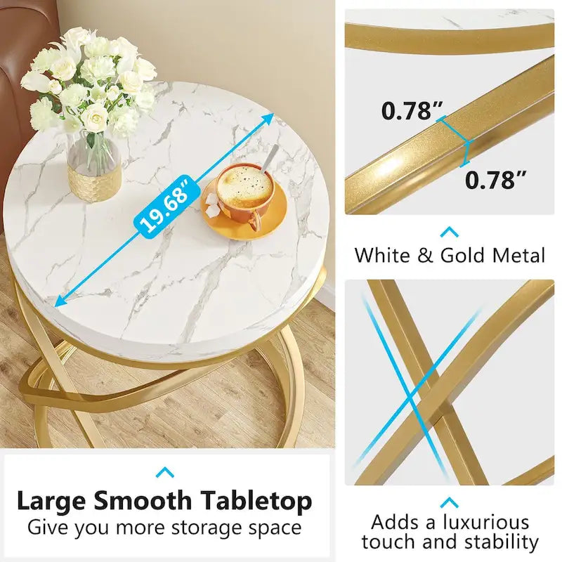 Table d'appoint ronde en faux marbre avec cadre en métal doré
