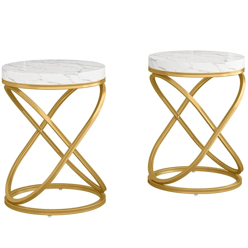 Table d'appoint ronde en faux marbre avec cadre en métal doré