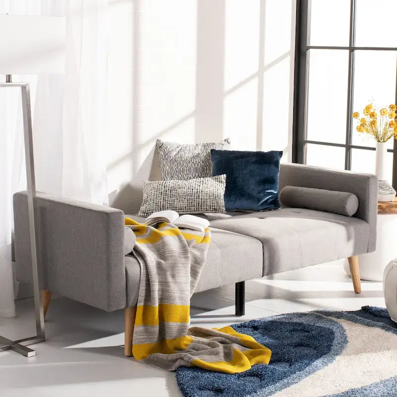 Canapé-lit futon pliable avec oreiller et revêtement en tissu aspect lin capitonné – Pieds en bois naturel