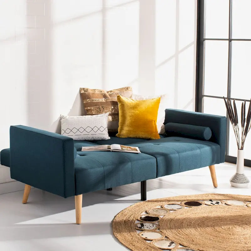 Canapé-lit futon pliable avec oreiller et revêtement en tissu aspect lin capitonné – Pieds en bois naturel