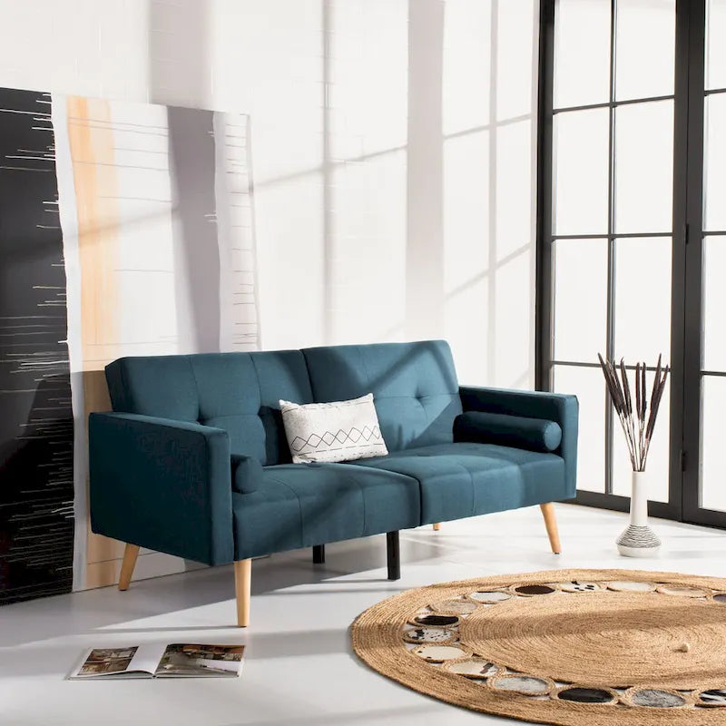 Canapé-lit futon pliable avec oreiller et revêtement en tissu aspect lin capitonné – Pieds en bois naturel
