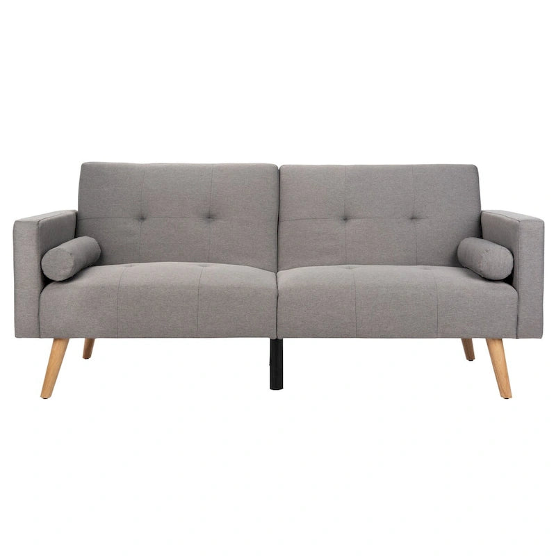 Canapé-lit futon pliable avec oreiller et revêtement en tissu aspect lin capitonné – Pieds en bois naturel
