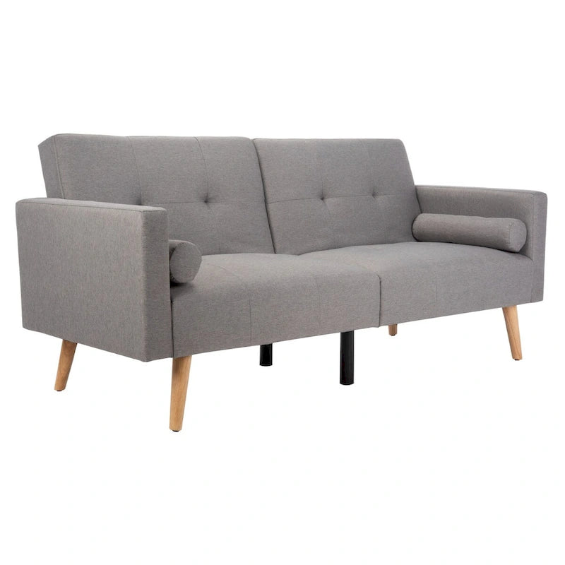 Canapé-lit futon pliable avec oreiller et revêtement en tissu aspect lin capitonné – Pieds en bois naturel