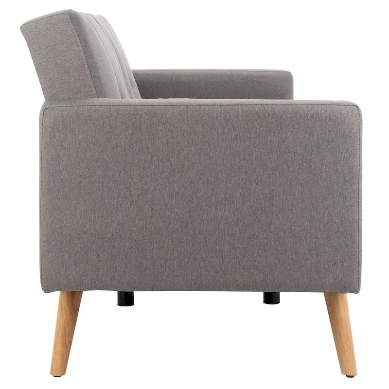 Canapé-lit futon pliable avec oreiller et revêtement en tissu aspect lin capitonné – Pieds en bois naturel