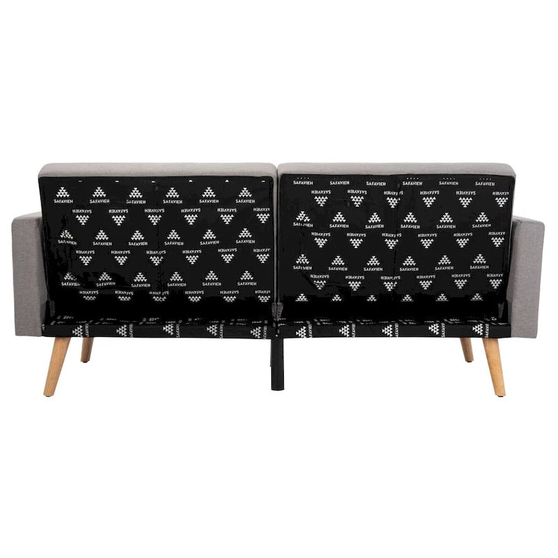 Canapé-lit futon pliable avec oreiller et revêtement en tissu aspect lin capitonné – Pieds en bois naturel