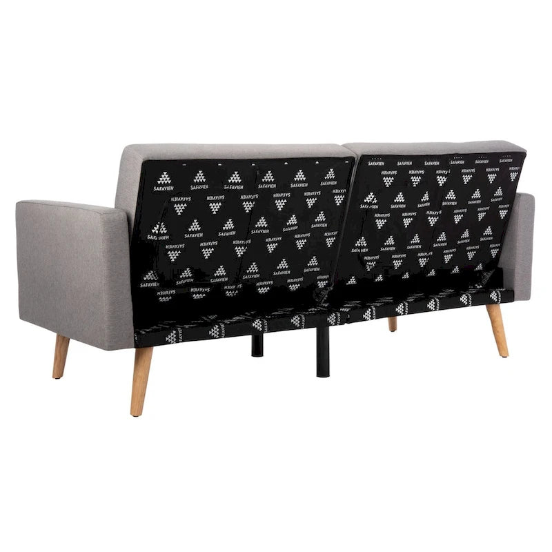 Canapé-lit futon pliable avec oreiller et revêtement en tissu aspect lin capitonné – Pieds en bois naturel