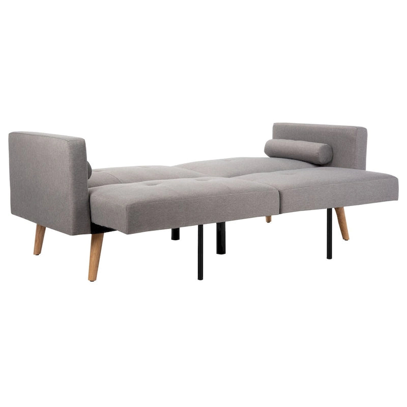 Canapé-lit futon pliable avec oreiller et revêtement en tissu aspect lin capitonné – Pieds en bois naturel