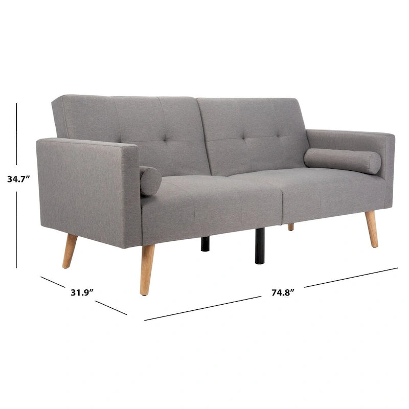 Canapé-lit futon pliable avec oreiller et revêtement en tissu aspect lin capitonné – Pieds en bois naturel