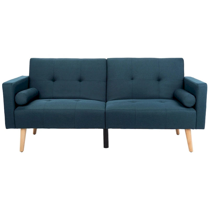 Canapé-lit futon pliable avec oreiller et revêtement en tissu aspect lin capitonné – Pieds en bois naturel