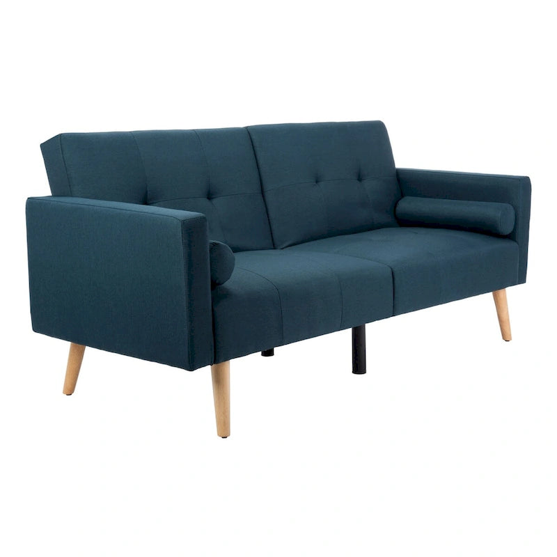 Canapé-lit futon pliable avec oreiller et revêtement en tissu aspect lin capitonné – Pieds en bois naturel