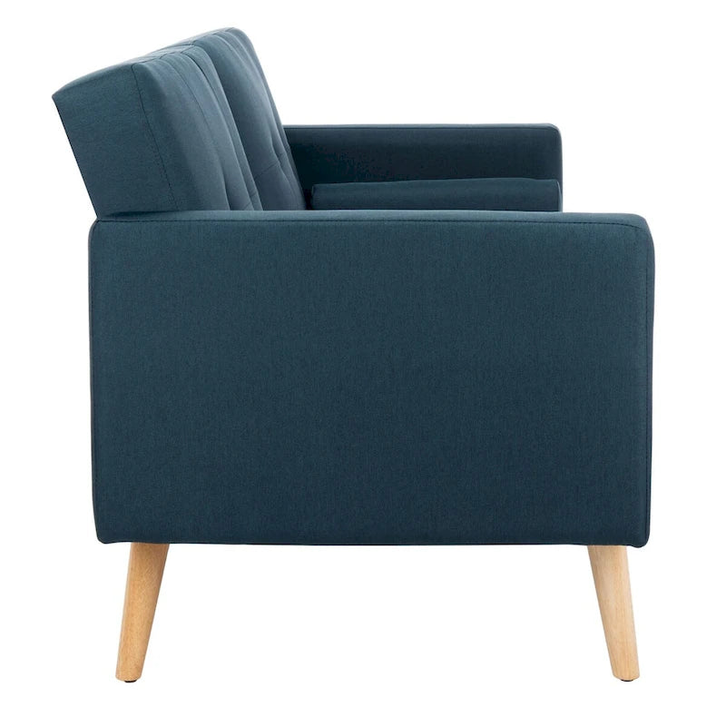 Canapé-lit futon pliable avec oreiller et revêtement en tissu aspect lin capitonné – Pieds en bois naturel