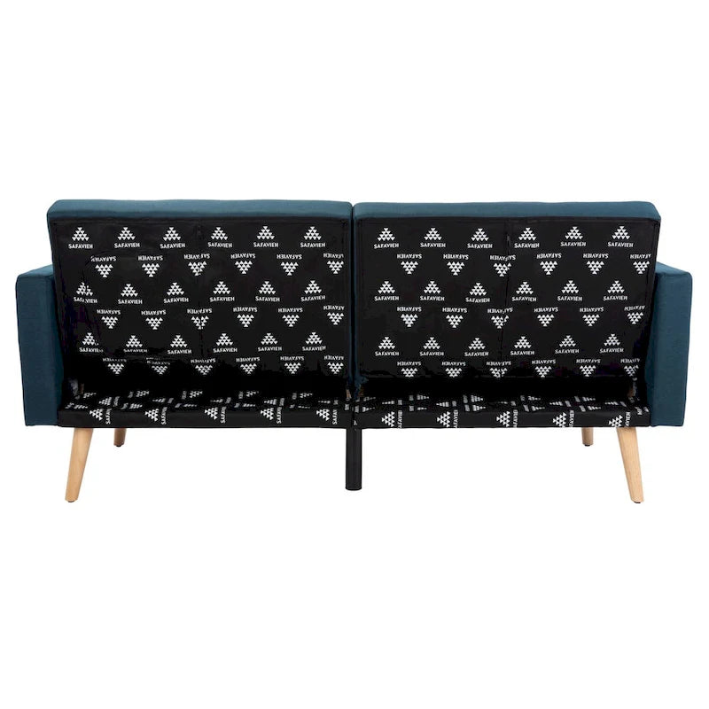 Canapé-lit futon pliable avec oreiller et revêtement en tissu aspect lin capitonné – Pieds en bois naturel