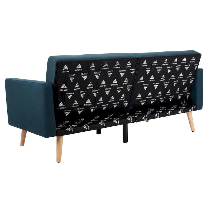 Canapé-lit futon pliable avec oreiller et revêtement en tissu aspect lin capitonné – Pieds en bois naturel