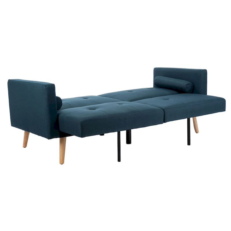 Canapé-lit futon pliable avec oreiller et revêtement en tissu aspect lin capitonné – Pieds en bois naturel