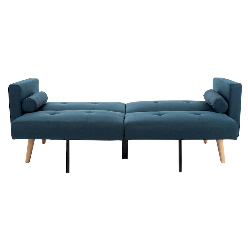 Canapé-lit futon pliable avec oreiller et revêtement en tissu aspect lin capitonné – Pieds en bois naturel