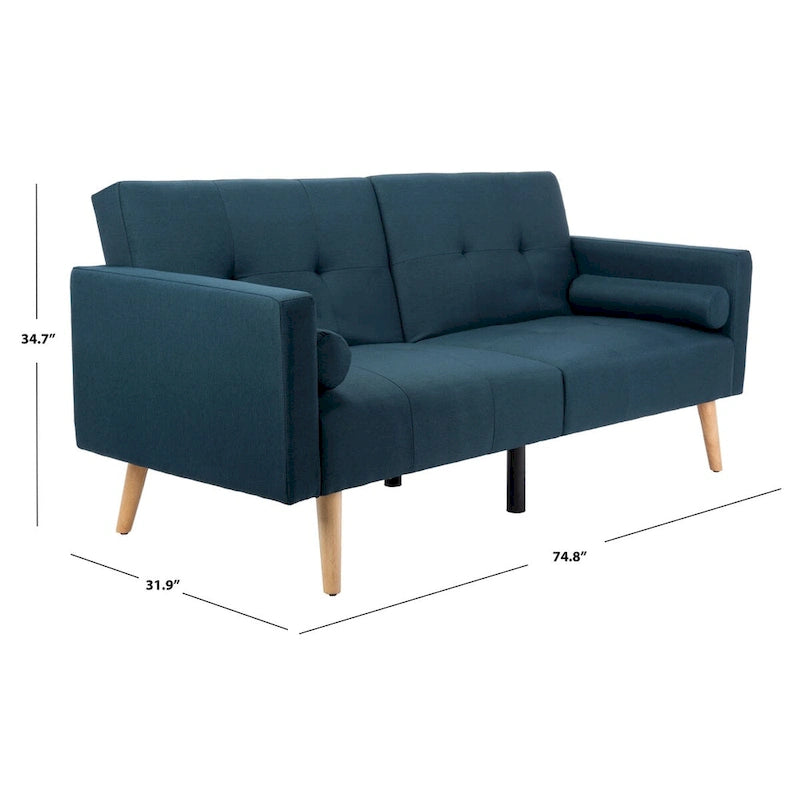Canapé-lit futon pliable avec oreiller et revêtement en tissu aspect lin capitonné – Pieds en bois naturel