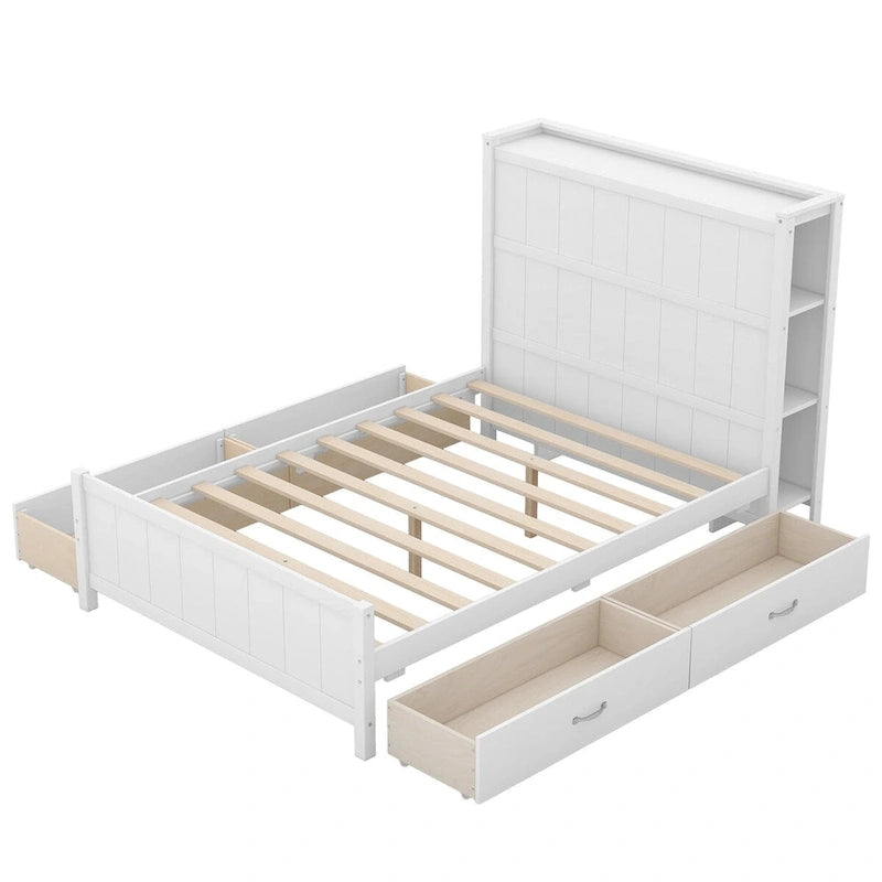 Lit plateforme double avec 4 tiroirs, étagères de rangement et tête de lit