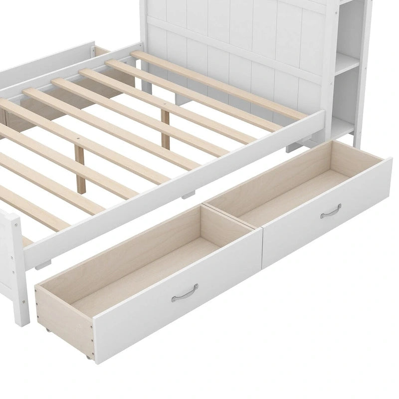 Lit plateforme double avec 4 tiroirs, étagères de rangement et tête de lit