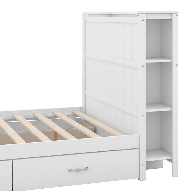 Lit plateforme double avec 4 tiroirs, étagères de rangement et tête de lit