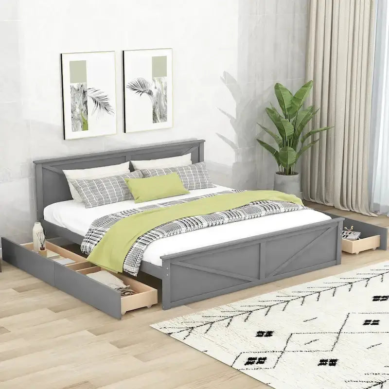 Lit plateforme avec tête de lit en bois, 4 tiroirs de rangement et pieds de support centraux
