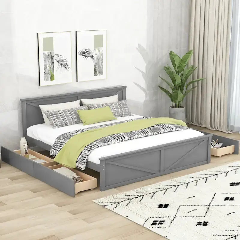 Lit plateforme avec tête de lit en bois, 4 tiroirs de rangement et pieds de support centraux