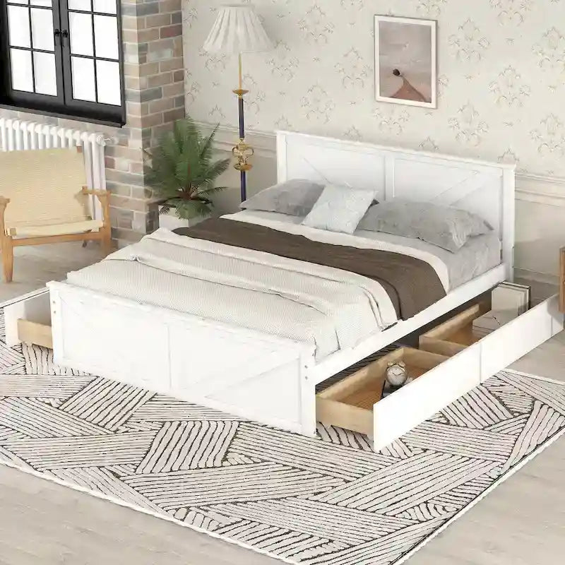 Lit plateforme avec tête de lit en bois, 4 tiroirs de rangement et pieds de support centraux