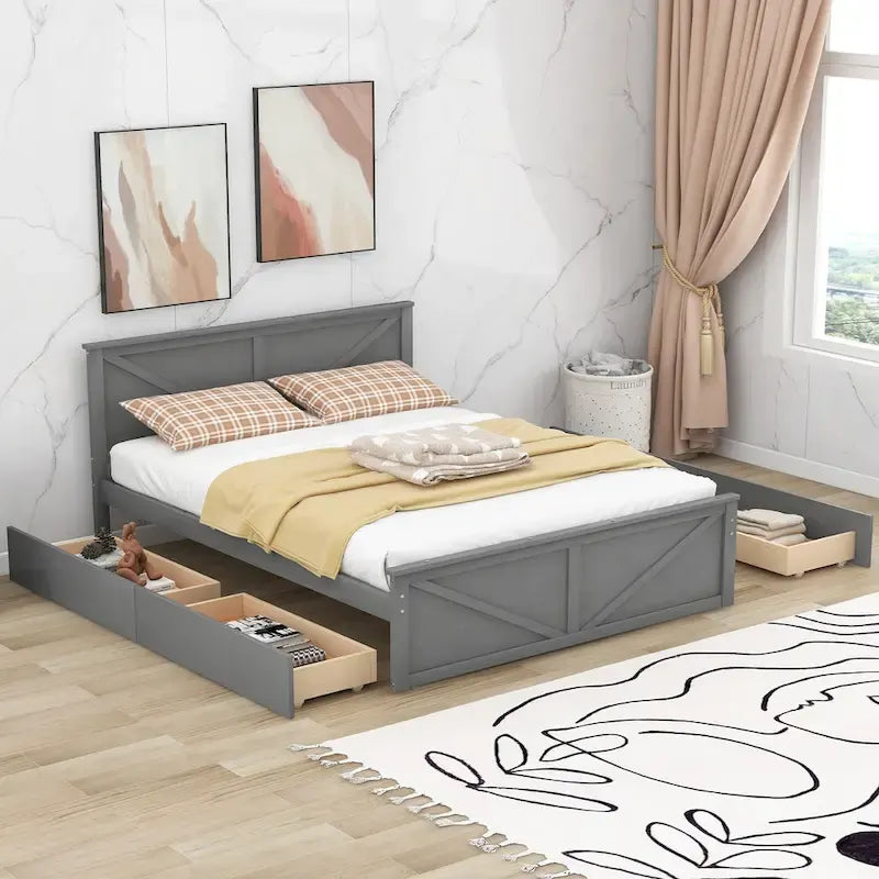 Lit plateforme avec tête de lit en bois, 4 tiroirs de rangement et pieds de support centraux