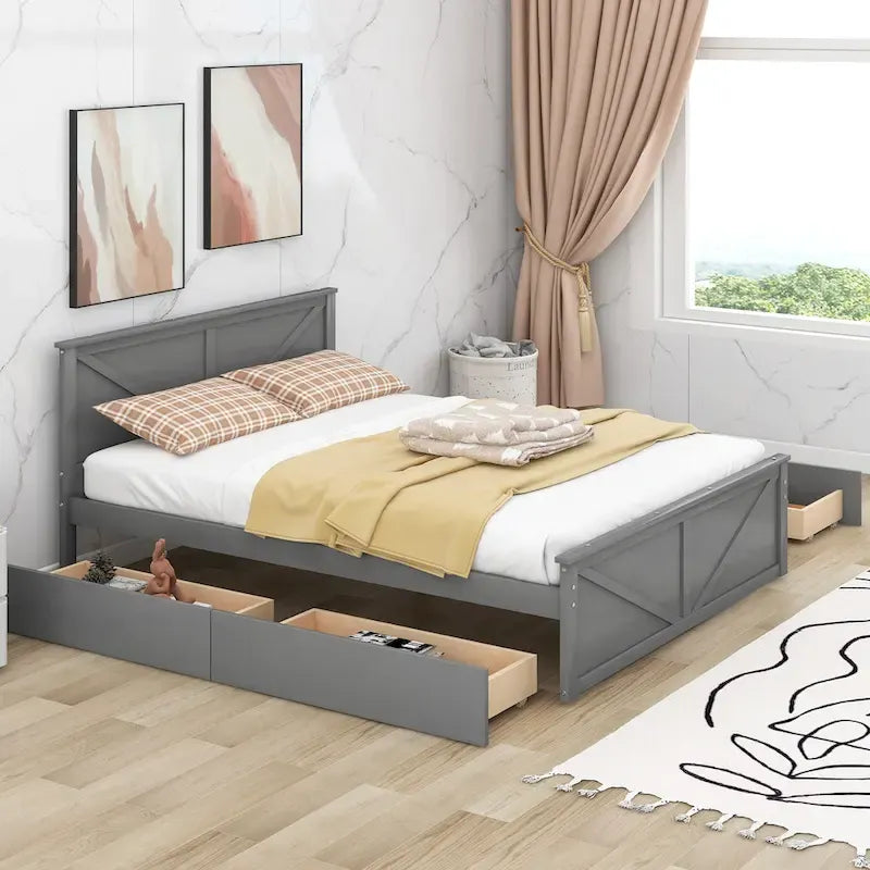 Lit plateforme avec tête de lit en bois, 4 tiroirs de rangement et pieds de support centraux
