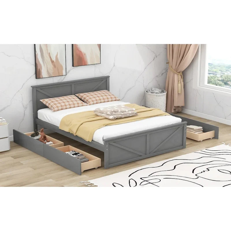 Lit plateforme avec tête de lit en bois, 4 tiroirs de rangement et pieds de support centraux