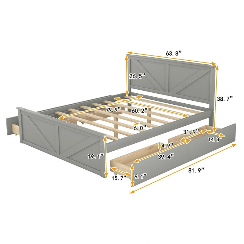 Lit plateforme avec tête de lit en bois, 4 tiroirs de rangement et pieds de support centraux