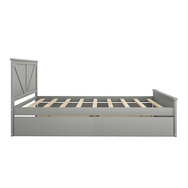 Lit plateforme avec tête de lit en bois, 4 tiroirs de rangement et pieds de support centraux