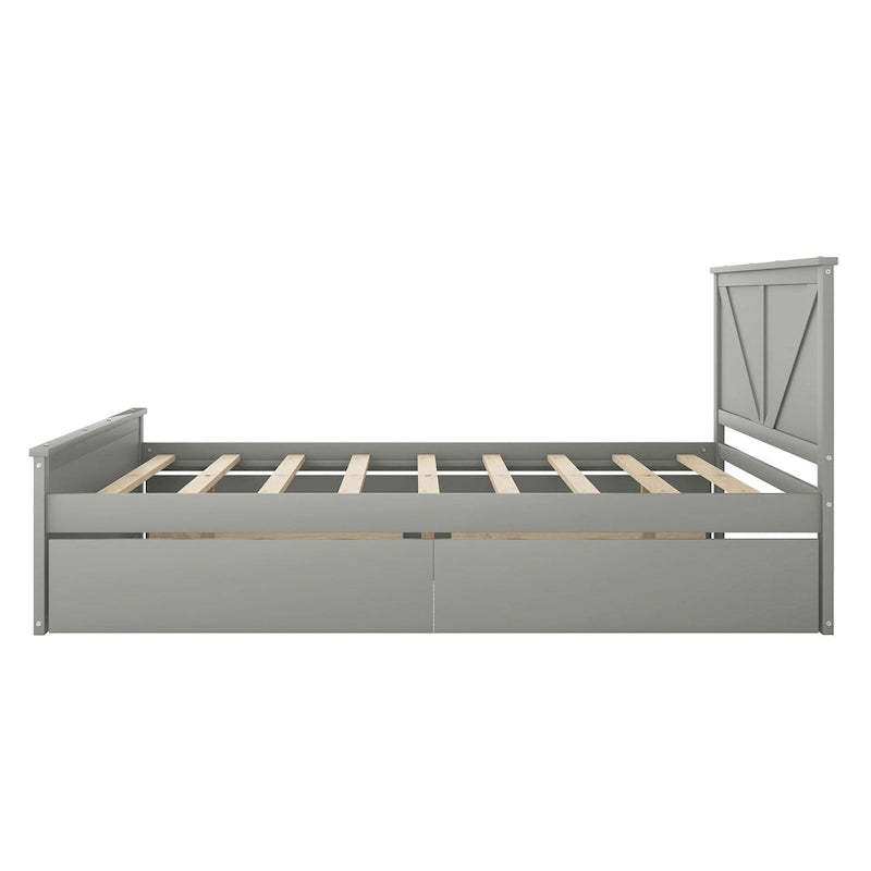 Lit plateforme avec tête de lit en bois, 4 tiroirs de rangement et pieds de support centraux