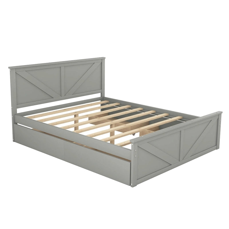 Lit plateforme avec tête de lit en bois, 4 tiroirs de rangement et pieds de support centraux