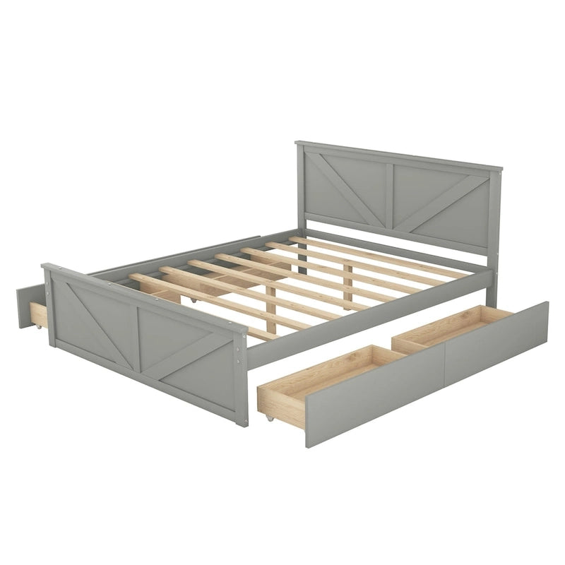 Lit plateforme avec tête de lit en bois, 4 tiroirs de rangement et pieds de support centraux