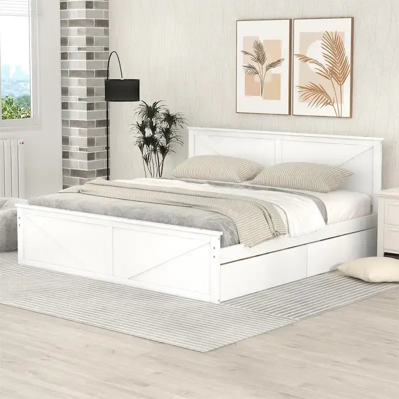 Lit plateforme avec tête de lit en bois, 4 tiroirs de rangement et pieds de support centraux
