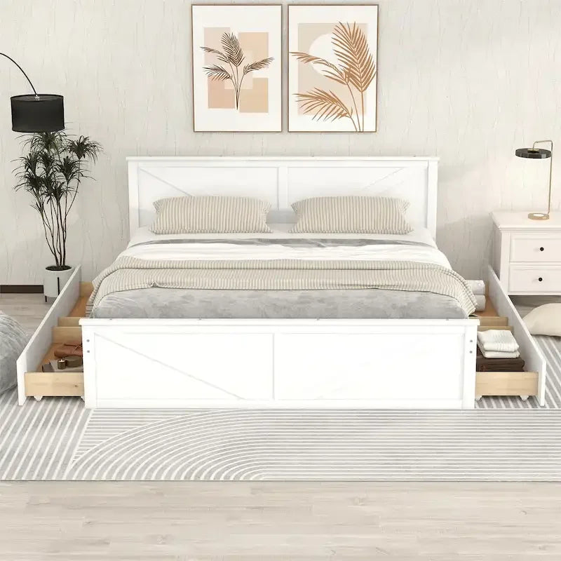 Lit plateforme avec tête de lit en bois, 4 tiroirs de rangement et pieds de support centraux