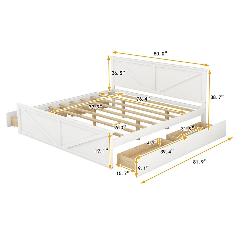 Lit plateforme avec tête de lit en bois, 4 tiroirs de rangement et pieds de support centraux