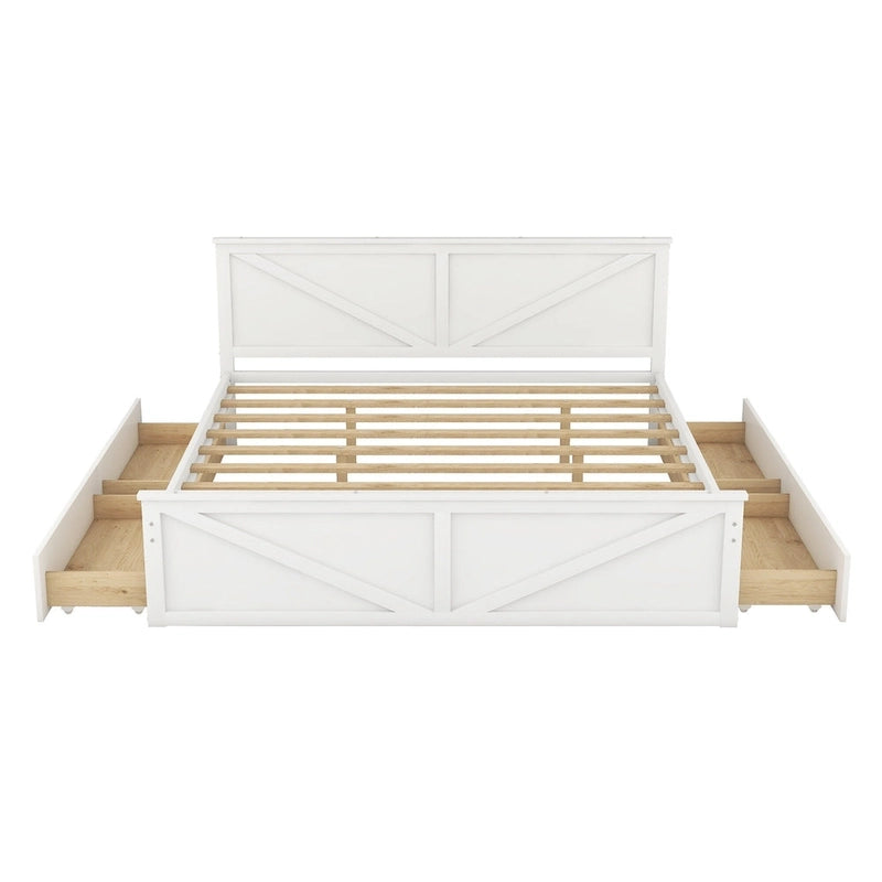 Lit plateforme avec tête de lit en bois, 4 tiroirs de rangement et pieds de support centraux