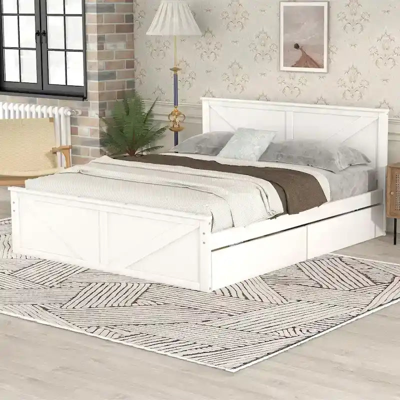 Lit plateforme avec tête de lit en bois, 4 tiroirs de rangement et pieds de support centraux