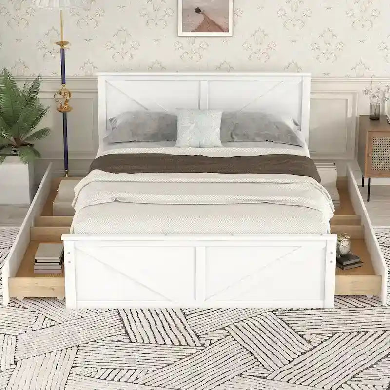 Lit plateforme avec tête de lit en bois, 4 tiroirs de rangement et pieds de support centraux