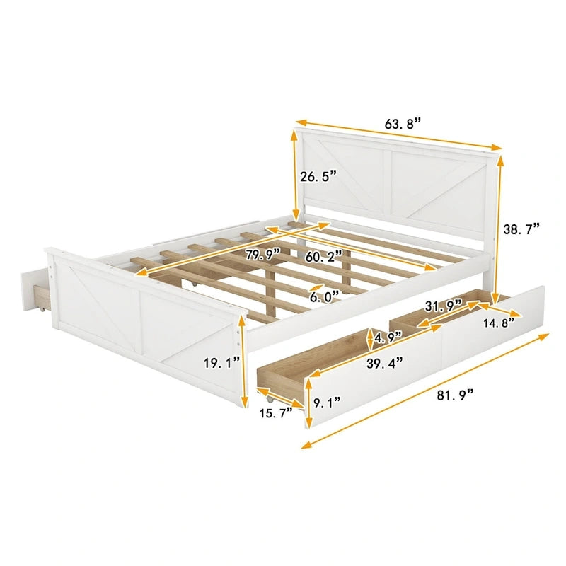 Lit plateforme avec tête de lit en bois, 4 tiroirs de rangement et pieds de support centraux