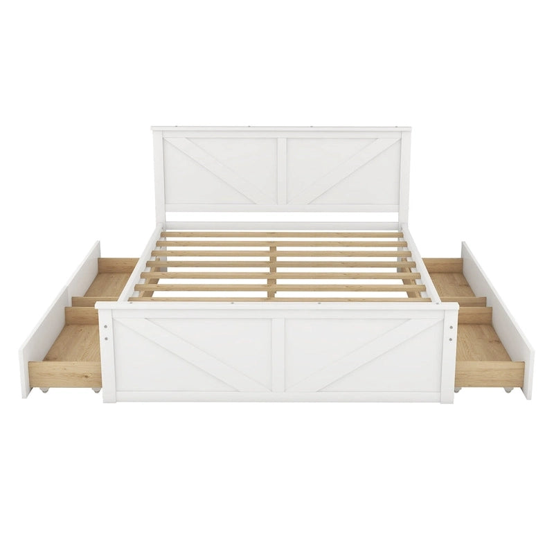 Lit plateforme avec tête de lit en bois, 4 tiroirs de rangement et pieds de support centraux