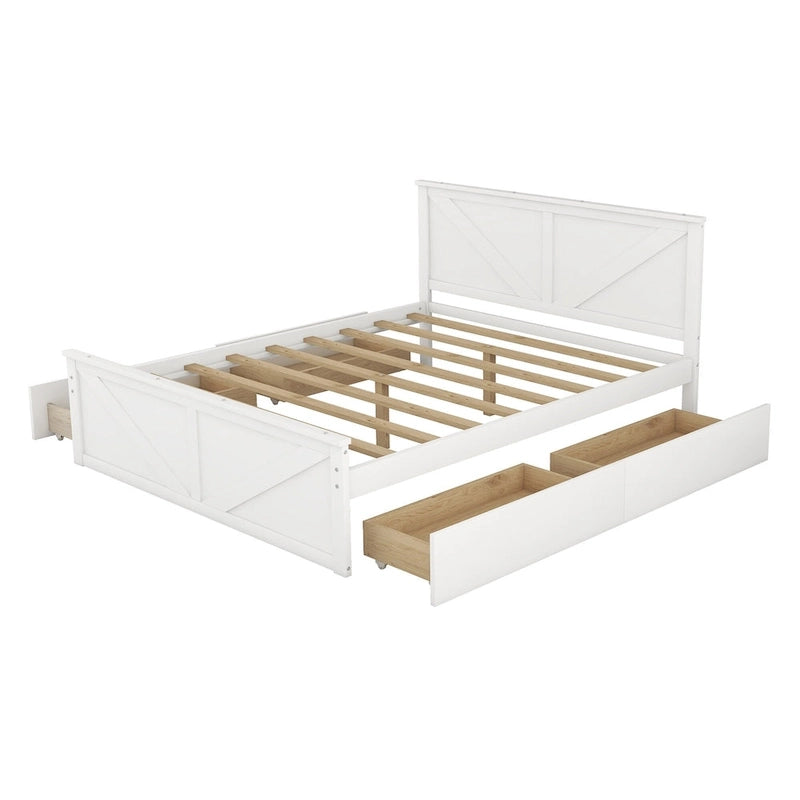 Lit plateforme avec tête de lit en bois, 4 tiroirs de rangement et pieds de support centraux