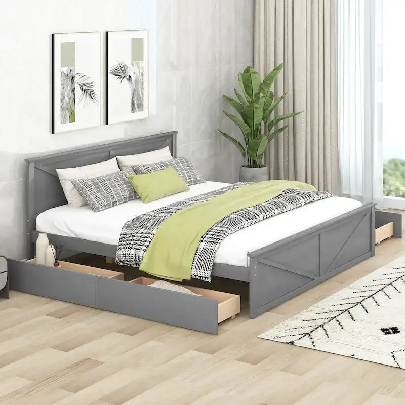 Lit plateforme avec tête de lit en bois, 4 tiroirs de rangement et pieds de support centraux