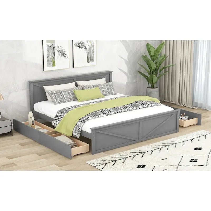 Lit plateforme avec tête de lit en bois, 4 tiroirs de rangement et pieds de support centraux